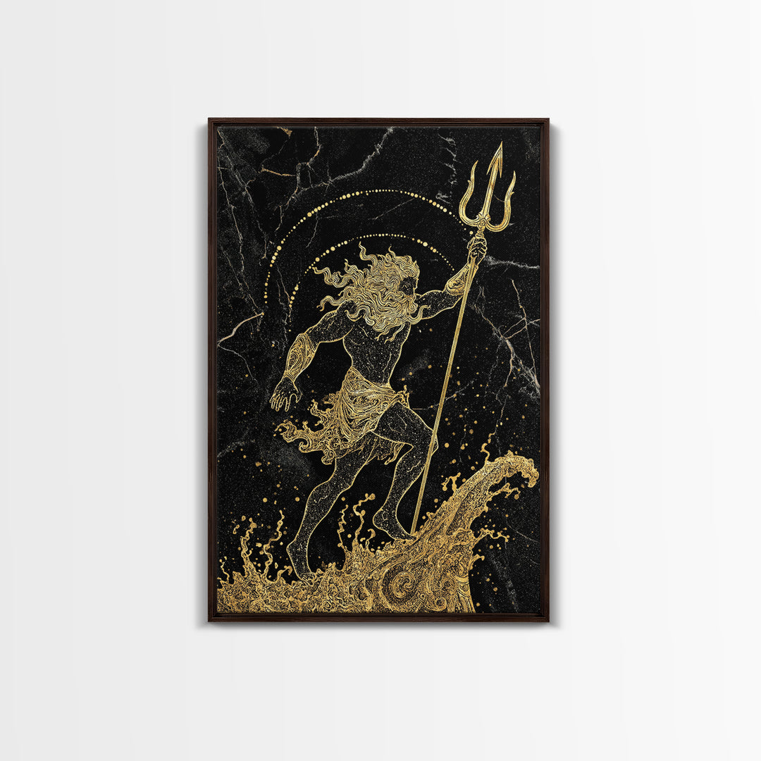 Poseidon Ruler Of The Seas Canvas Gold Canvas Print, Ancient Trident God Canvas Gold Art, Real Wood Frame Mythological Wall Decor