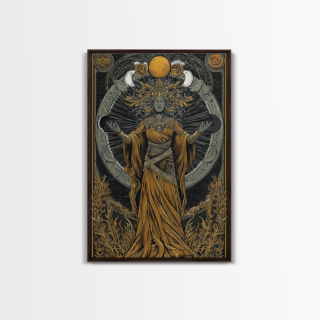 Selene Canvas Gold Canvas Print, Moon Goddess Art, Real Wood Frame, Mythology Wall Decor, Celestial Luxury Artwork