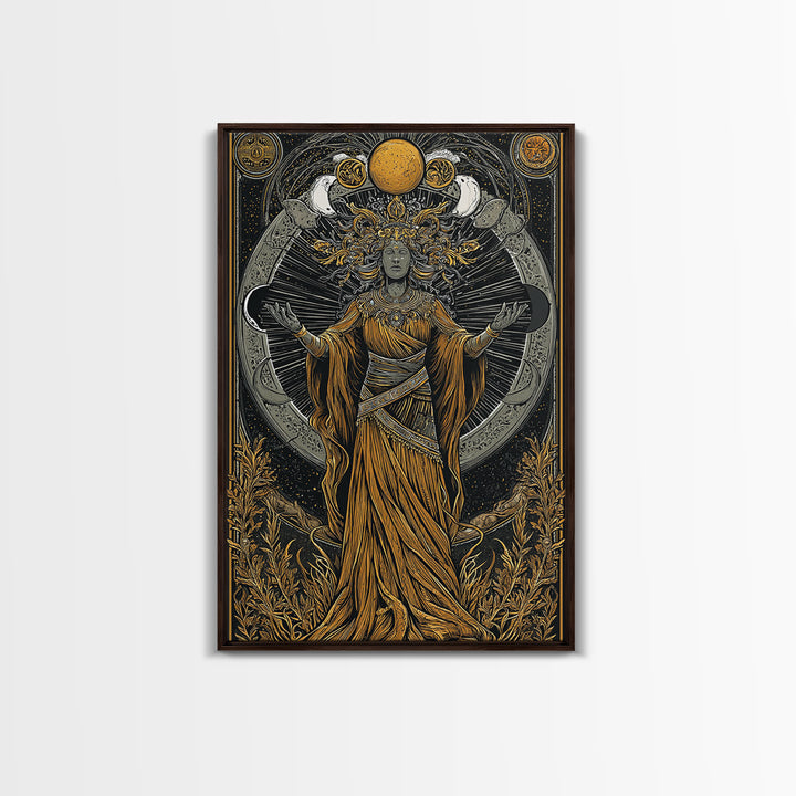 Selene Canvas Gold Canvas Print, Moon Goddess Art, Real Wood Frame, Mythology Wall Decor, Celestial Luxury Artwork