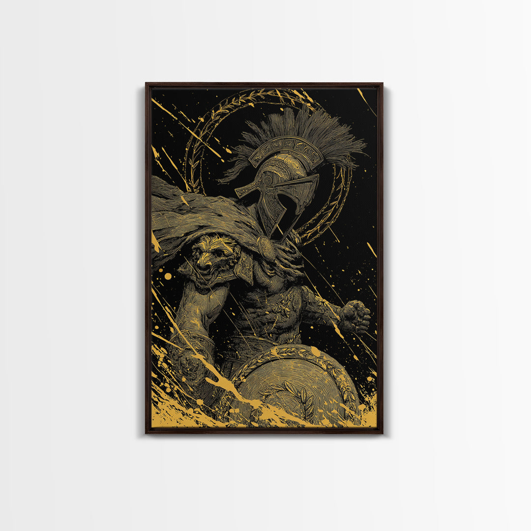 Ares Canvas Gold Canvas Print, Greek God Of War Art, Real Wood Frame, Warrior Decor, Mythology Luxury Canvas Artwork