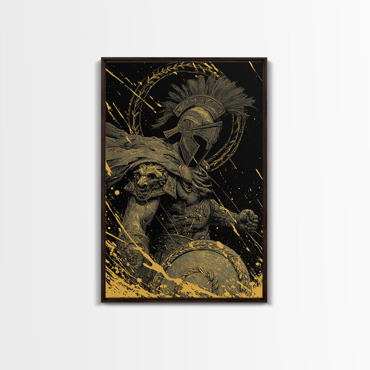 Ares Canvas Gold Canvas Print, Greek God Of War Art, Real Wood Frame, Warrior Decor, Mythology Luxury Canvas Artwork