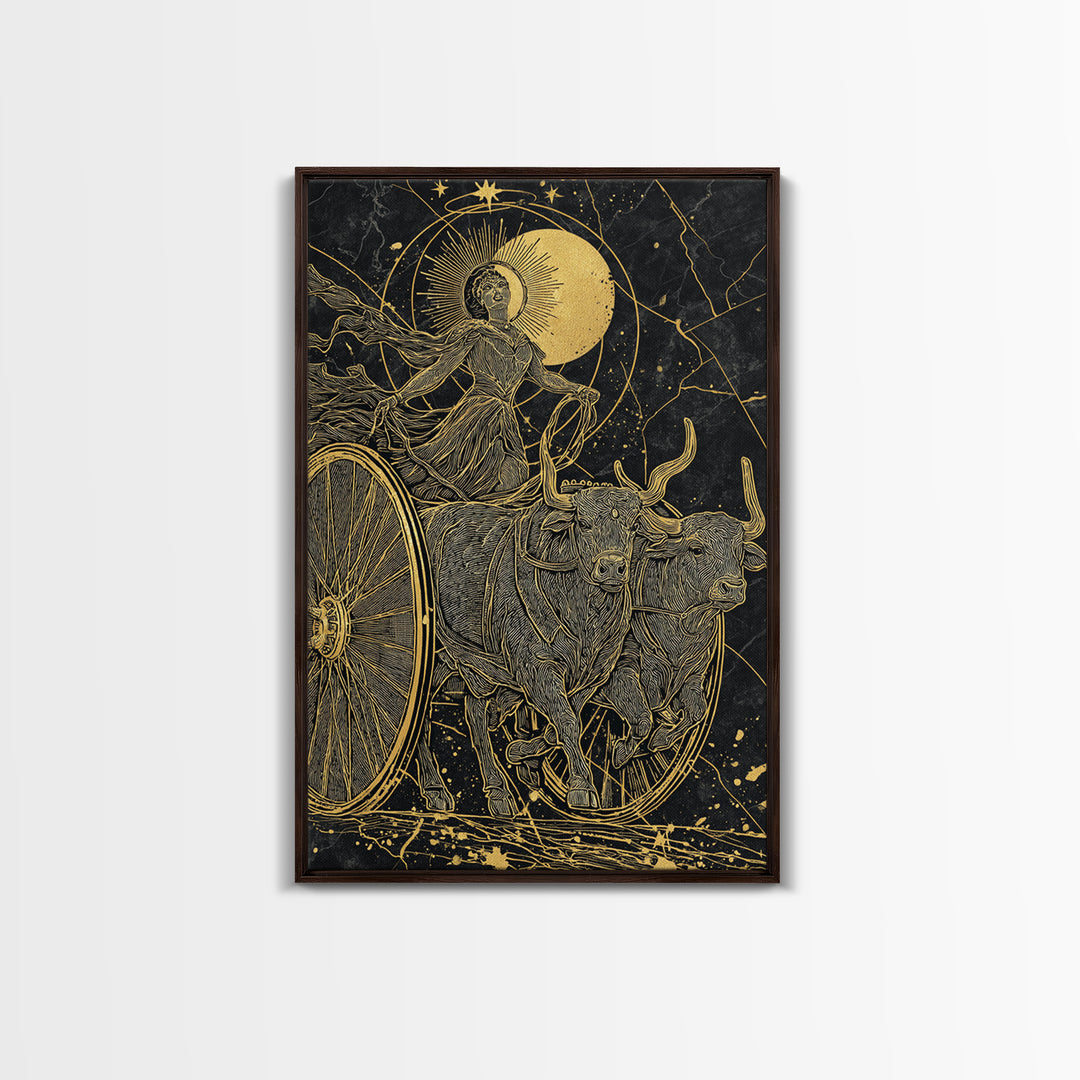 Selene Chariot Canvas Gold Canvas Print, Moon Goddess Art, Real Wood Frame, Mythology Decor, Celestial Canvas Artwork