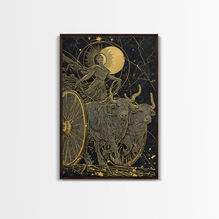 Selene Chariot Canvas Gold Canvas Print, Moon Goddess Art, Real Wood Frame, Mythology Decor, Celestial Canvas Artwork