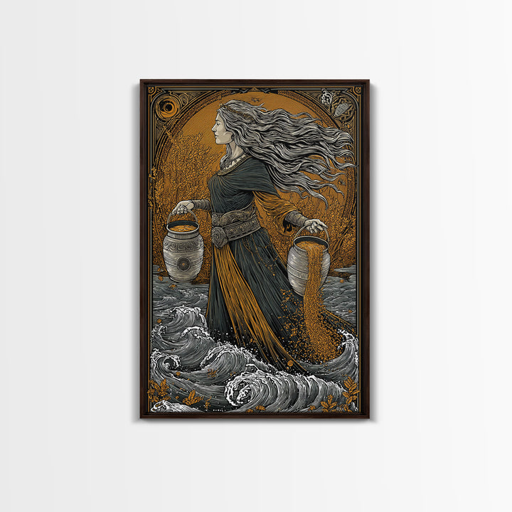 Aquarius Goddess Canvas Gold Canvas Print, Mythology Wall Art, Luxury Astrology Artwork, Real Wood Frame, Unique Home Decor