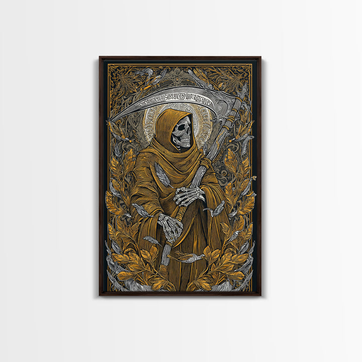Grim Reaper Canvas Gold Canvas Print, Gothic Mythology Wall Art, Skeleton With Scythe Artwork, Real Wood Frame, Dark Decor