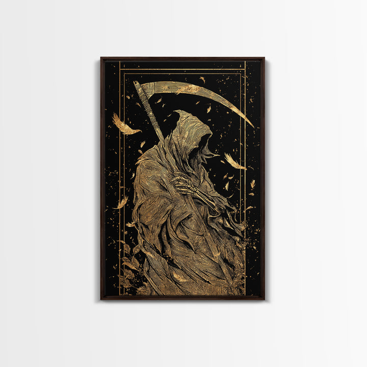 Death Figure Canvas Gold Canvas Print, Gothic Skeleton Wall Art, Grim Reaper Mythology Artwork, Real Wood Frame, Dark Decor