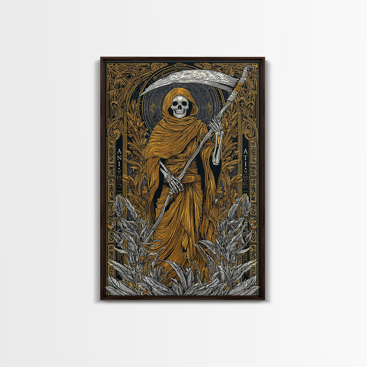 Hooded Skeleton Canvas Gold Canvas Print, Grim Reaper Gothic Wall Art, Dark Mythology Artwork, Real Wood Frame, Unique Decor