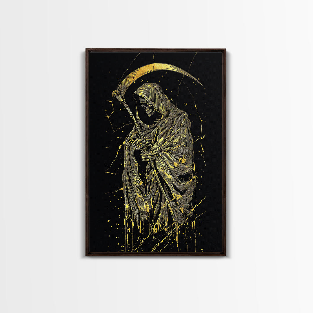 Skeleton With Scythe Canvas Gold Canvas Print, Gothic Mythology Artwork, Grim Reaper Wall Art, Real Wood Frame, Macabre Decor