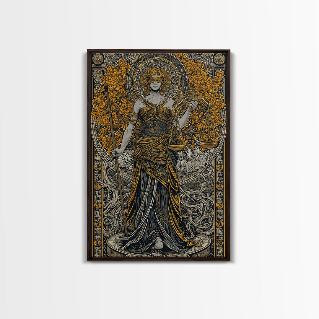 Lady Justice Canvas Gold Canvas Print, Mythology Goddess Wall Art, Scales Of Justice Artwork, Real Wood Frame, Elegant Decor