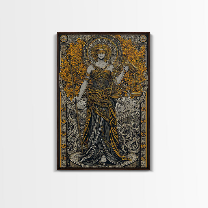 Lady Justice Canvas Gold Canvas Print, Mythology Goddess Wall Art, Scales Of Justice Artwork, Real Wood Frame, Elegant Decor