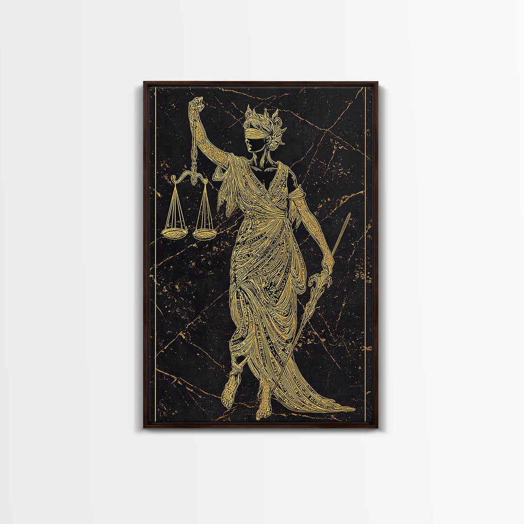 Justice Goddess Canvas Gold Canvas Print, Mythology Law And Order Wall Art, Balance Artwork, Real Wood Frame, Statement Decor