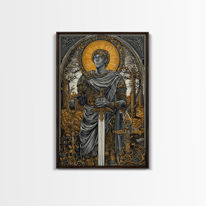 Roman Emperor Canvas Gold Canvas Print, Mythology Warrior Wall Art, Classical Sword Artwork, Real Wood Frame, Ancient Decor