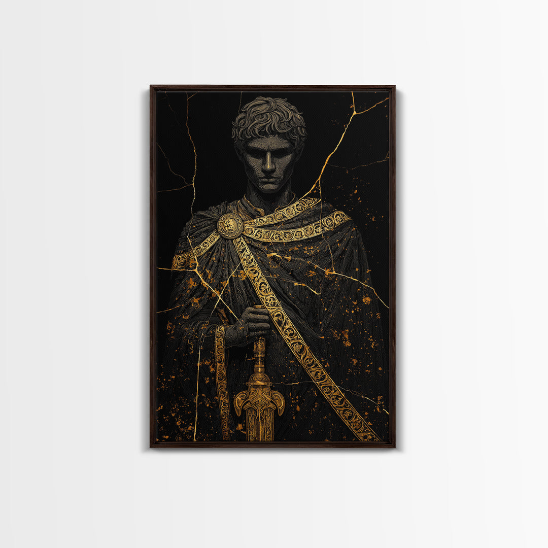Gladiator Canvas Gold Canvas Print, Roman Warrior Wall Art, Ancient History Artwork, Mythology Inspired Home Decor, Real Wood Frame