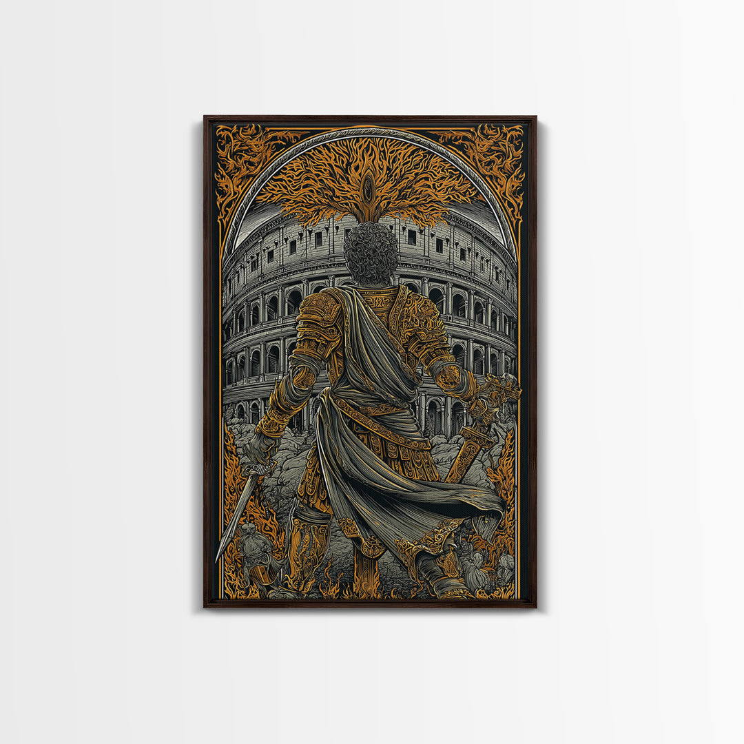Ancient Rome Canvas Gold Canvas Print, Gladiator Wall Art, Myth Inspired Luxury Home Decor, Classical Warrior Artwork, Wood Frame
