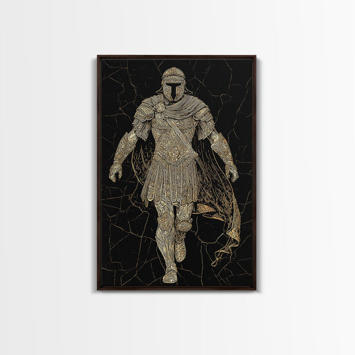 Heroic Roman Canvas Gold Canvas Print, Ancient Warrior Wall Art, Luxury Mythology Decor, Historical Emperor Artwork, Real Wood Frame
