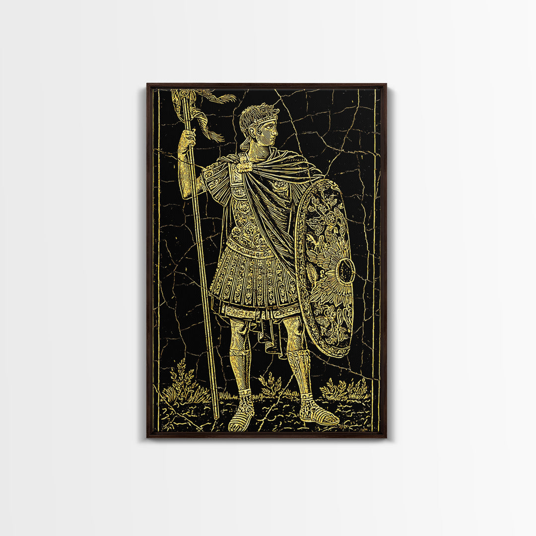 Roman Warrior With Shield, Canvas Gold Canvas Print, Mythology Inspired Wall Art, Real Wood Framed Artwork