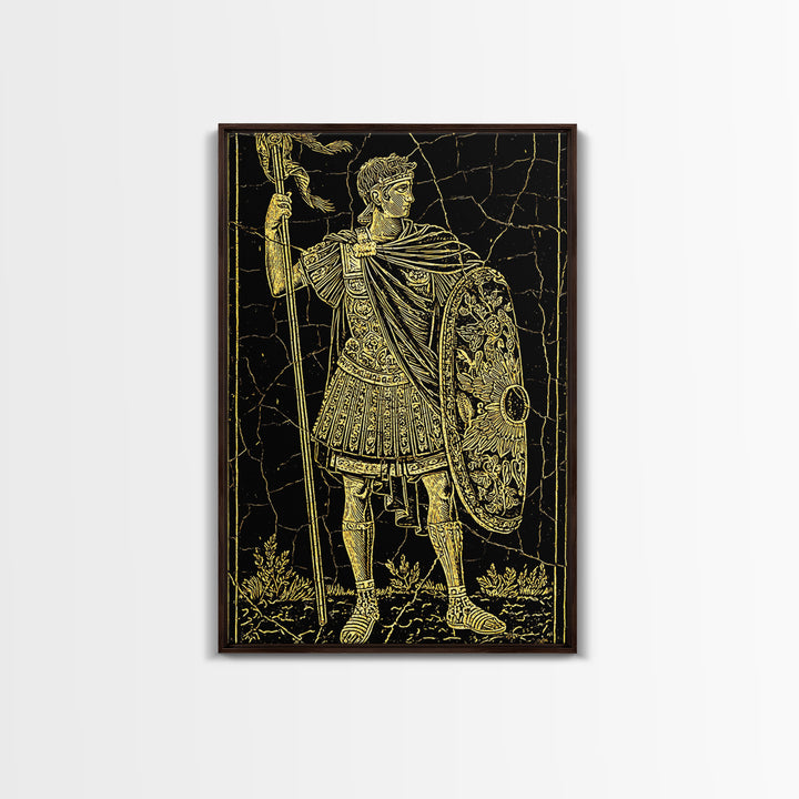 Roman Warrior With Shield, Canvas Gold Canvas Print, Mythology Inspired Wall Art, Real Wood Framed Artwork