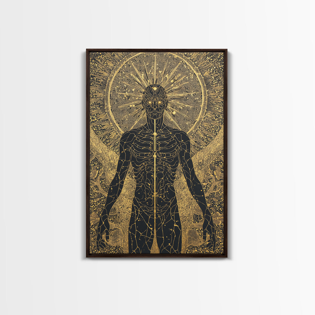 Celestial Radiance Figure, Canvas Gold Art, Mythological Cosmic Wall Print, Spiritual Decor With Real Wood Frame