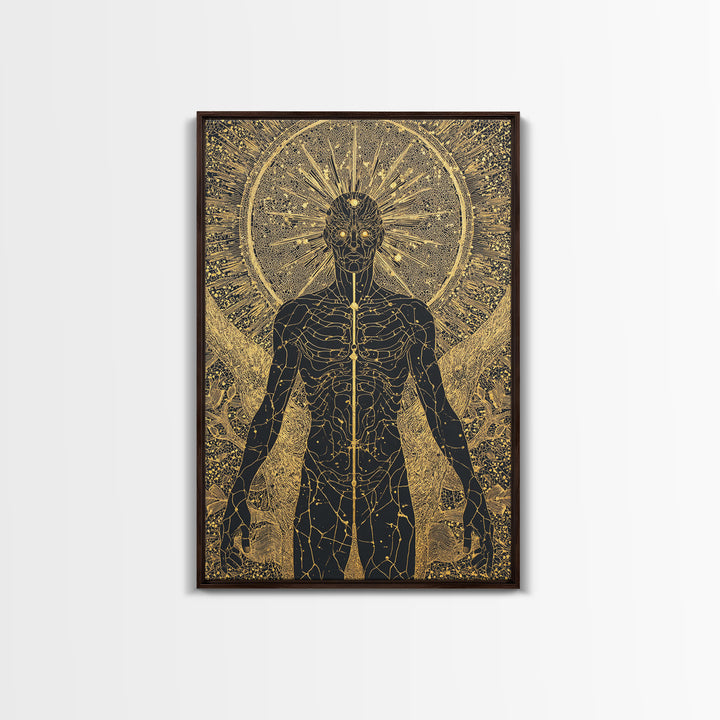 Celestial Radiance Figure, Canvas Gold Art, Mythological Cosmic Wall Print, Spiritual Decor With Real Wood Frame