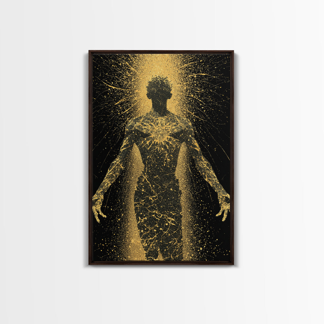 Golden Cosmic Silhouette, Canvas Gold Canvas Print, Abstract Mythology Inspired Wall Decor, Real Wood Frame