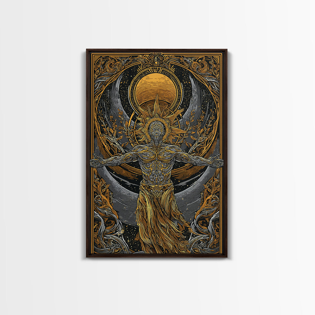 Divine Sun God Artwork, Canvas Gold Canvas Print, Mythology Inspired Celestial Wall Art, Real Wood Framed Print