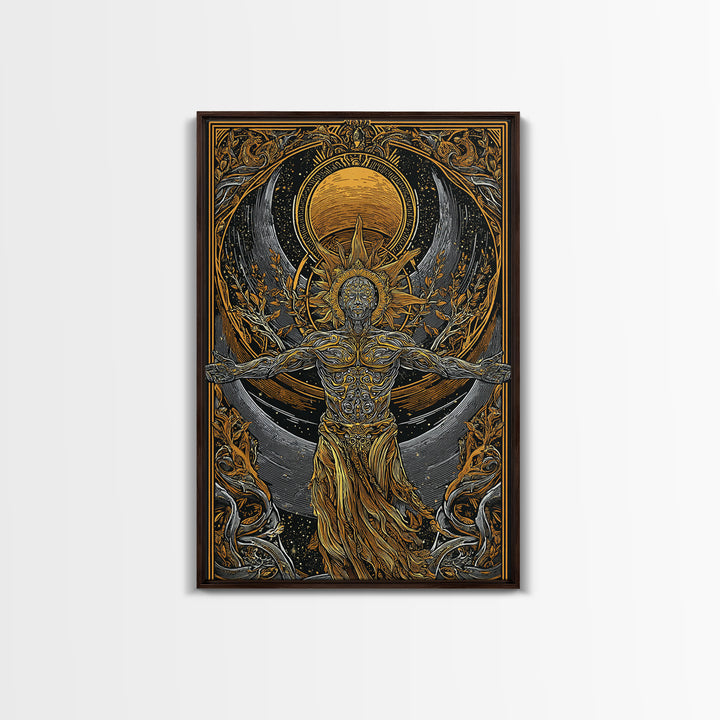 Divine Sun God Artwork, Canvas Gold Canvas Print, Mythology Inspired Celestial Wall Art, Real Wood Framed Print