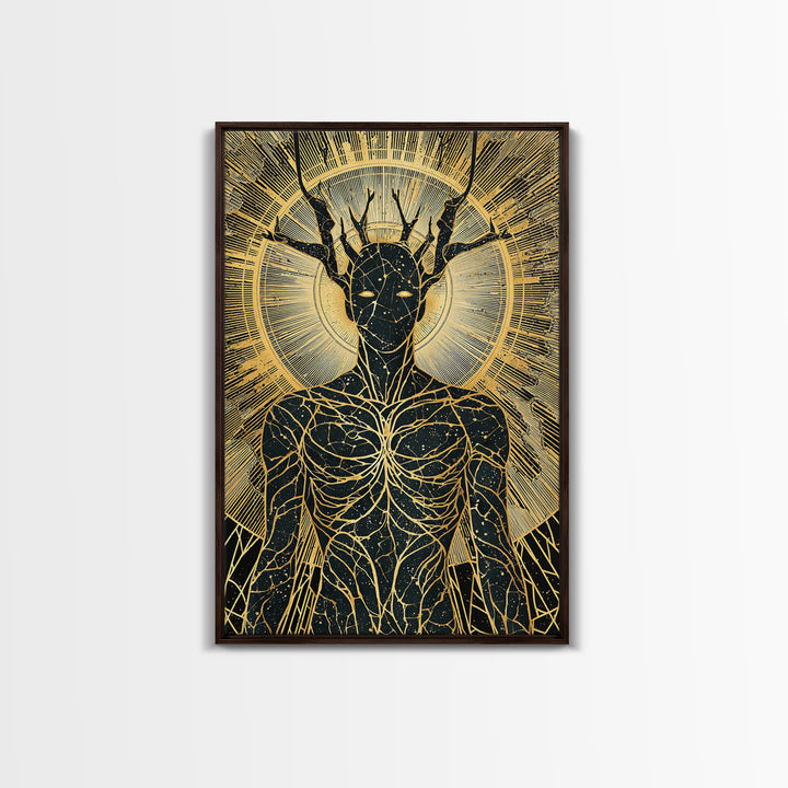 Mythic Antlered Deity, Canvas Gold Canvas Print, Cosmic Inspired Wall Art, Real Wood Frame For Elegant Decor