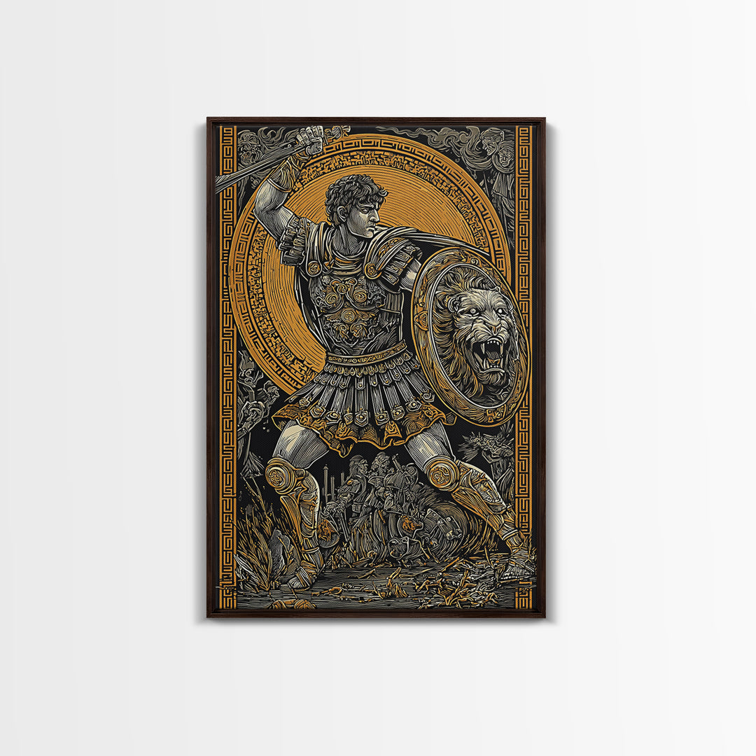 Warrior In Battle Scene, Canvas Gold Canvas Print, Ancient Mythology Inspired Wall Artwork, Real Wood Frame