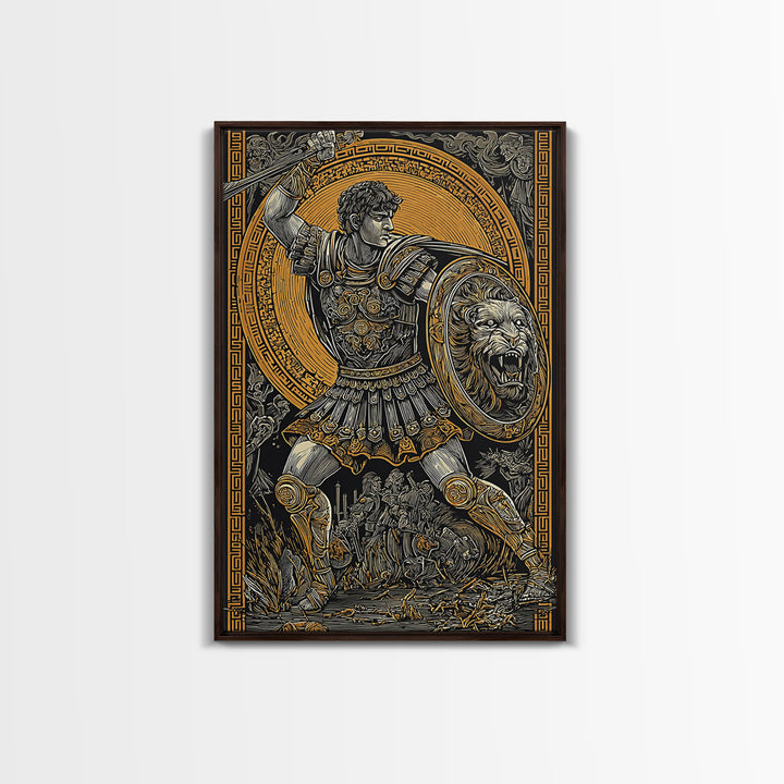 Warrior In Battle Scene, Canvas Gold Canvas Print, Ancient Mythology Inspired Wall Artwork, Real Wood Frame