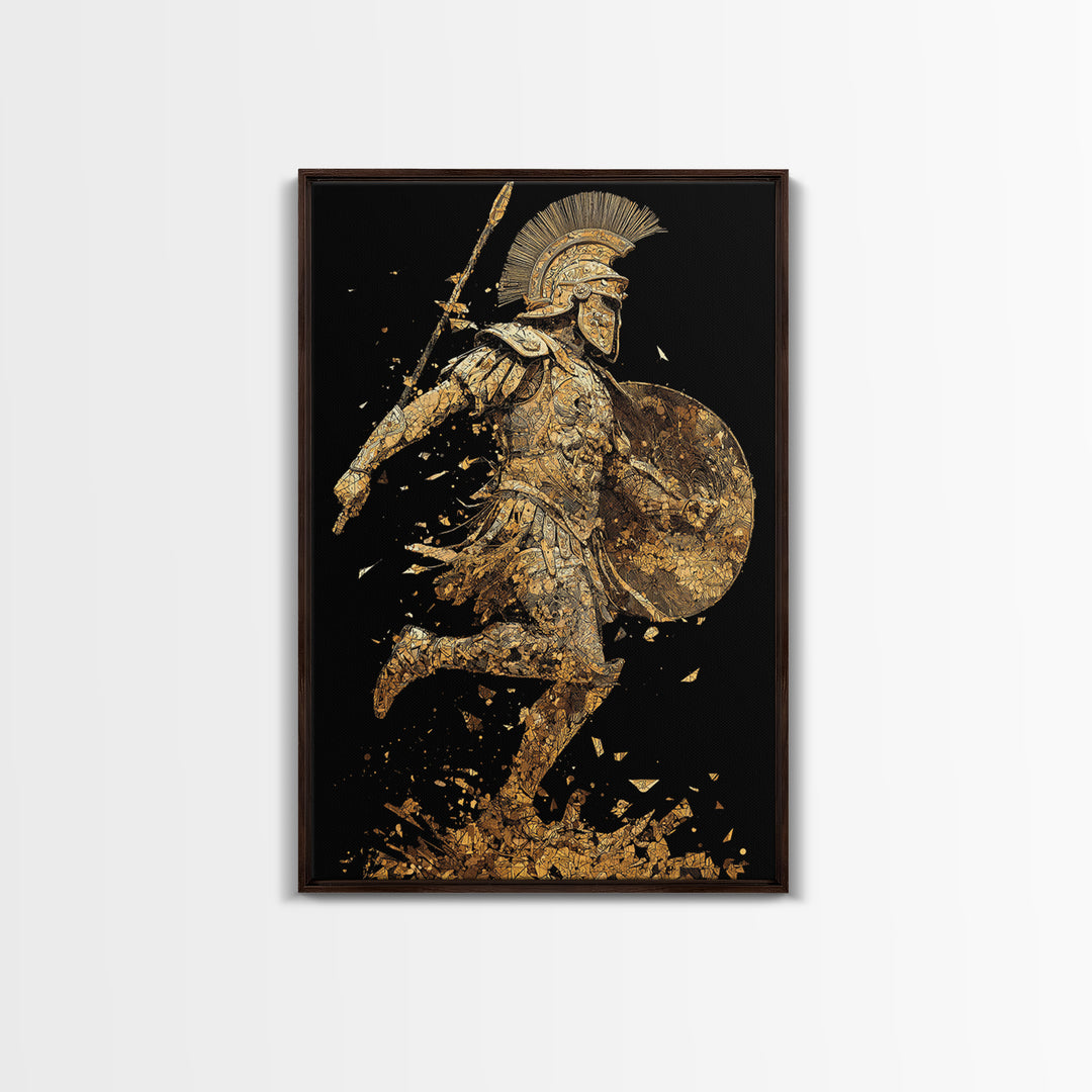 Shattered Roman Soldier, Canvas Gold Canvas Print, Mythology Inspired Warrior Wall Art, Real Wood Framed Print