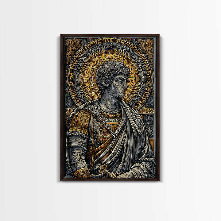 Emperor Portrait Artwork, Canvas Gold Canvas Print, Classical Roman Inspired Wall Decor, Real Wood Frame