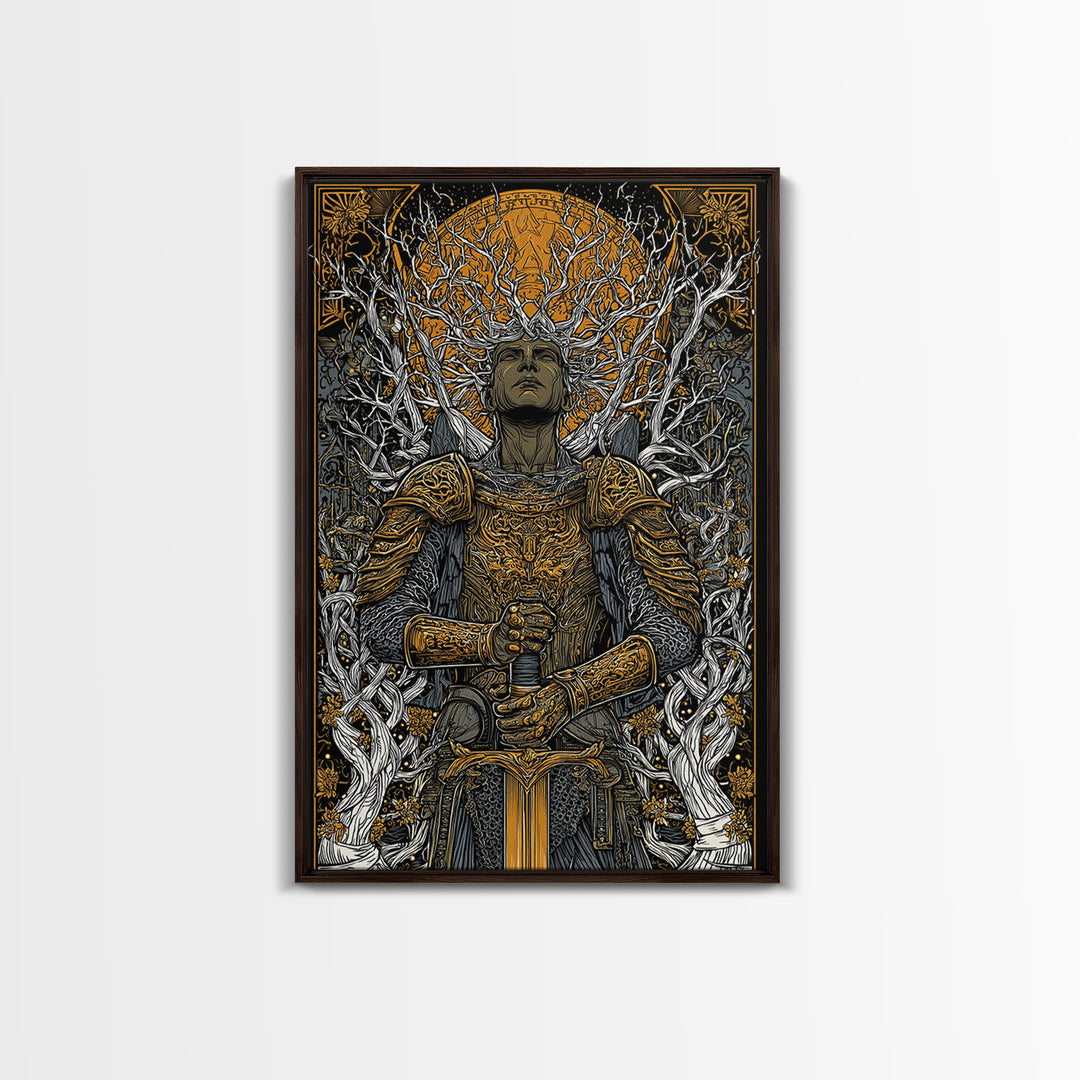 Mythic Guardian With Sword, Canvas Gold Art, Fantasy Inspired Warrior Wall Print, Real Wood Framed Wall Decor