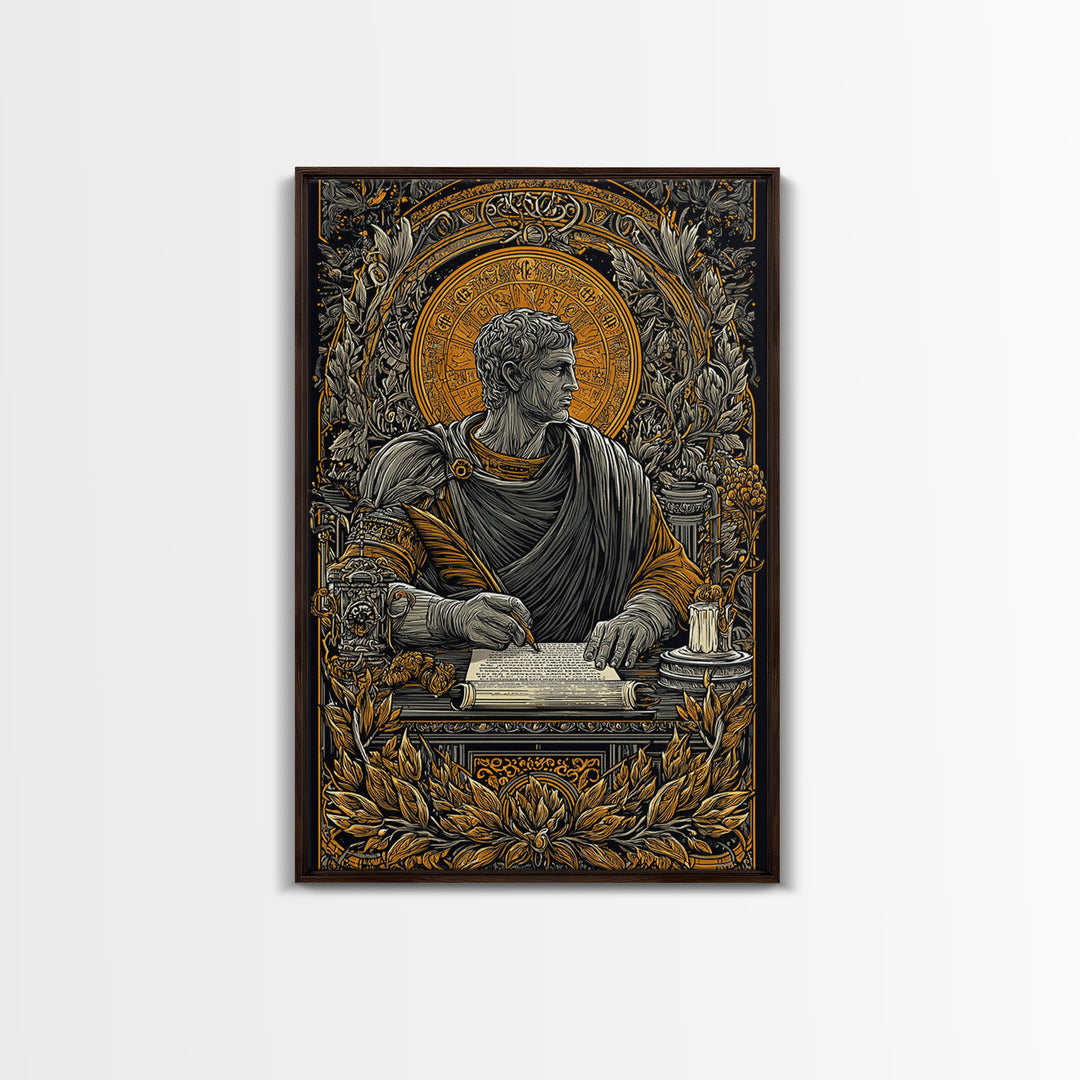 Roman Writer Canvas Gold Canvas Print, Ancient Scholar Wall Art, Mythology Decor, Luxury Canvas Artwork, Real Wood Frame