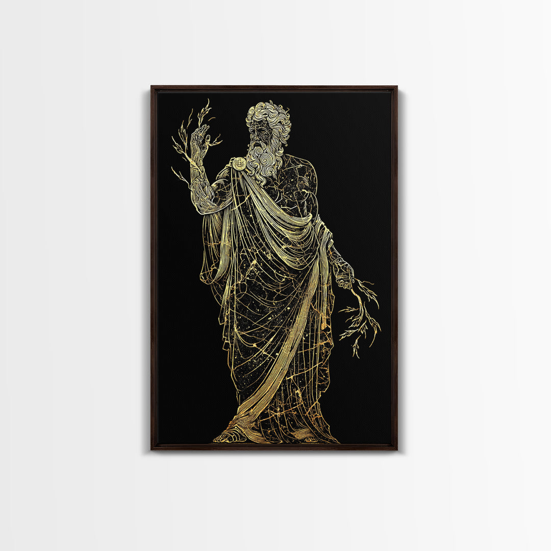 Greek God Canvas Gold Art, Zeus Mythology Wall Print, Lightning Power Decor, Luxury Canvas Artwork, Real Wood Frame