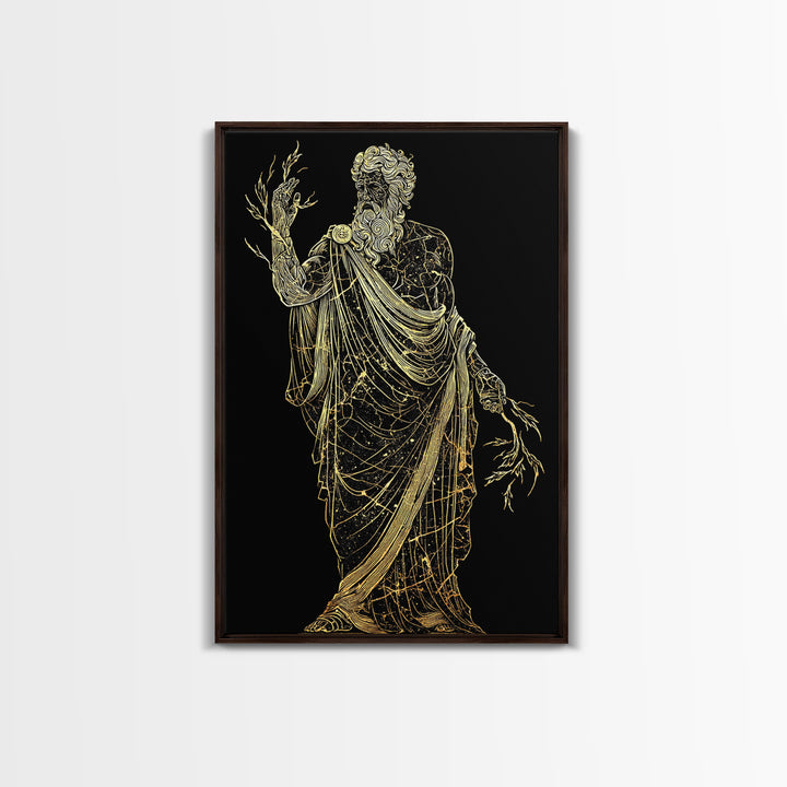 Greek God Canvas Gold Art, Zeus Mythology Wall Print, Lightning Power Decor, Luxury Canvas Artwork, Real Wood Frame