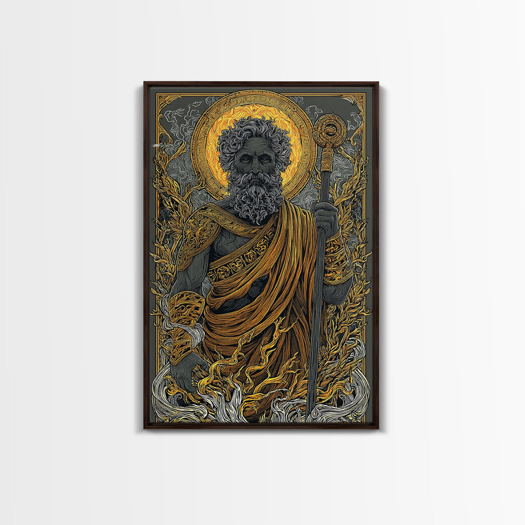 Mythical Elder Canvas Gold Art, Eternal Wisdom Wall Print, Ancient Greek God Decor, Luxury Canvas Artwork, Real Wood Frame