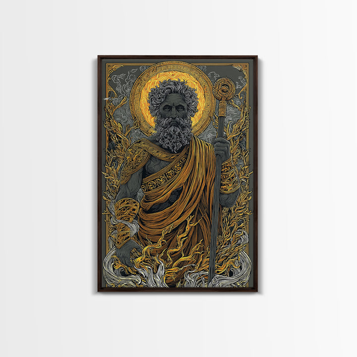 Mythical Elder Canvas Gold Art, Eternal Wisdom Wall Print, Ancient Greek God Decor, Luxury Canvas Artwork, Real Wood Frame