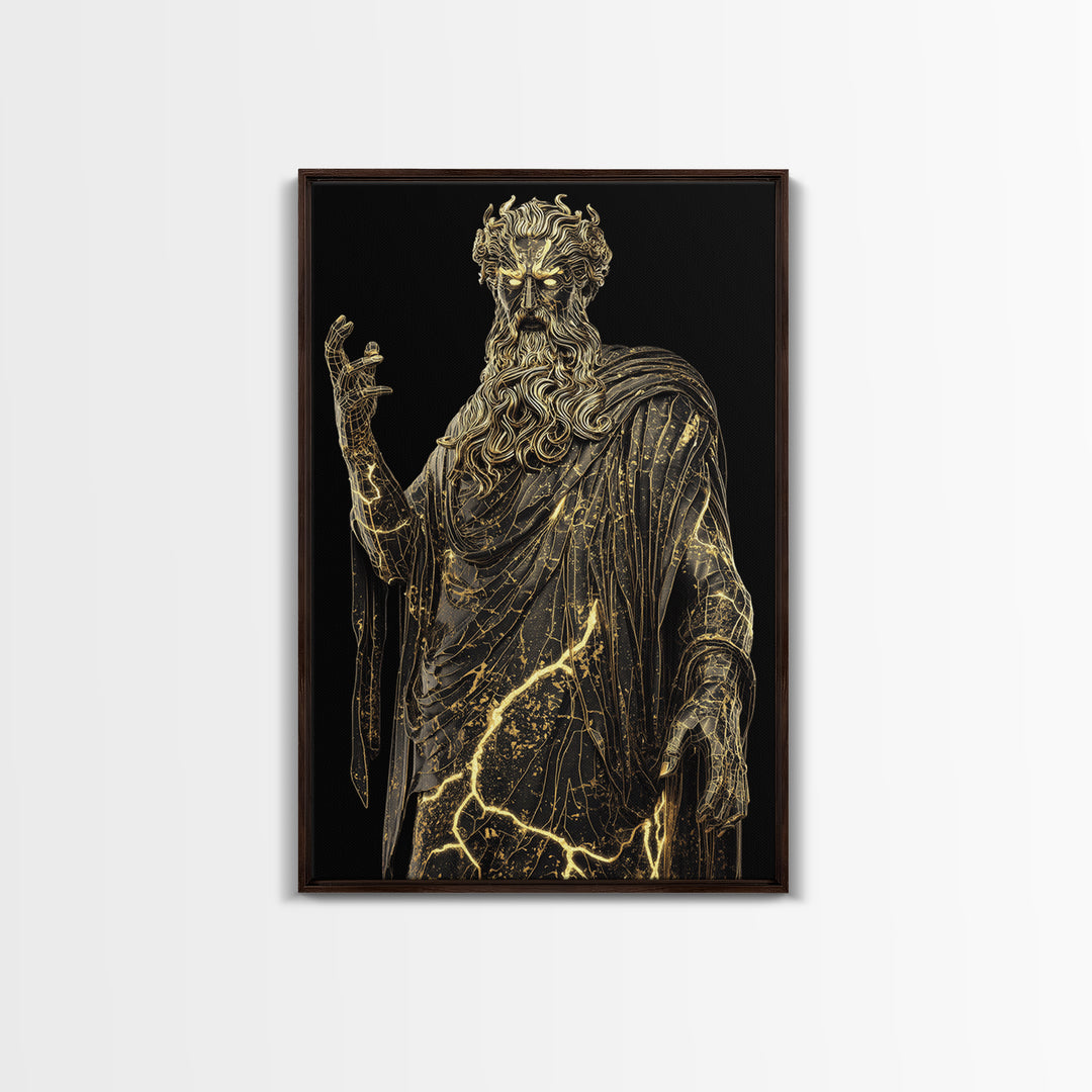 Thunder God Canvas Gold Canvas Print, Zeus Mythology Wall Art, Lightning Power Decor, Luxury Classical Artwork, Real Wood Frame