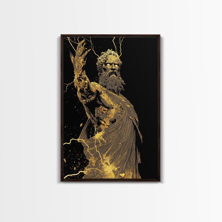 Heavenly Ruler Canvas Gold Canvas Print, Zeus Divine Wall Art, Lightning God Decor, Luxury Mythology Artwork, Real Wood Frame