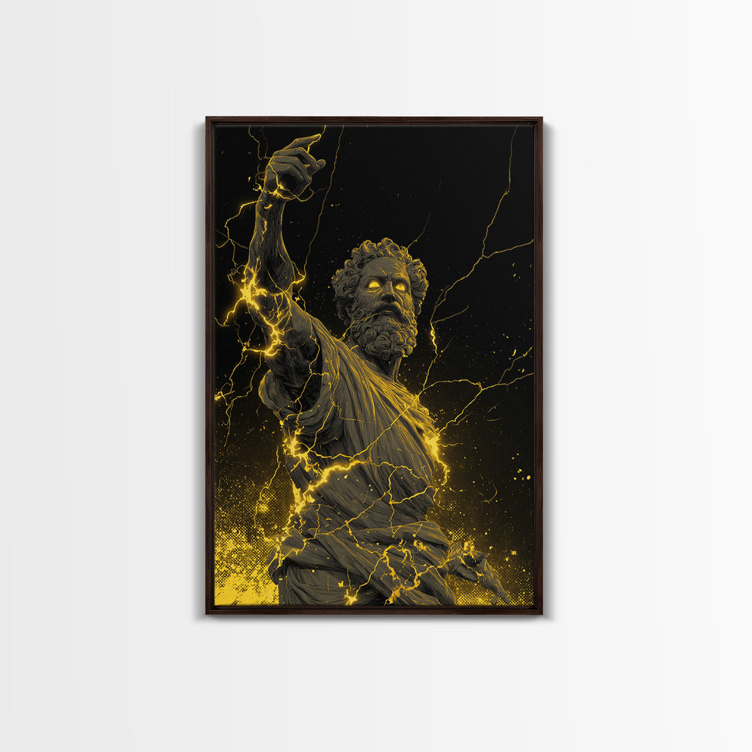 Lightning God Canvas Gold Art, Powerful Zeus Wall Print, Mythology Inspired Decor, Ancient Greek Canvas Artwork, Real Wood Frame