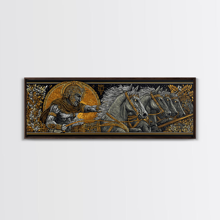 Heroic Greek Warrior With Horses, Ancient Mythology Wall Decor, Gold Canvas Print, Real Wood Frame