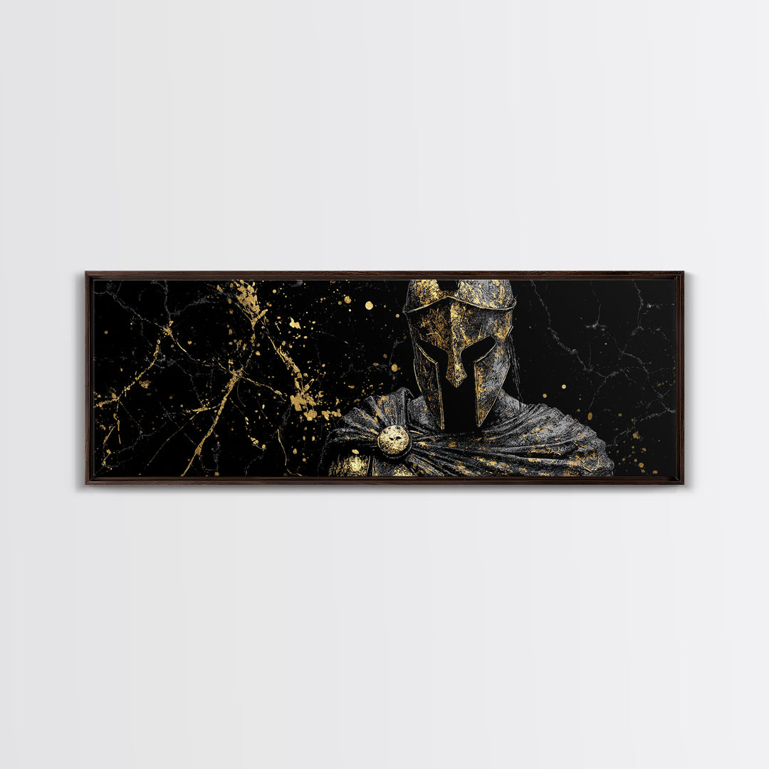 Spartan Warrior Bust Artwork, Ancient Greek Mythological Hero Decorative Symbol, Gold Canvas Print, Real Wood Frame Wall Decor