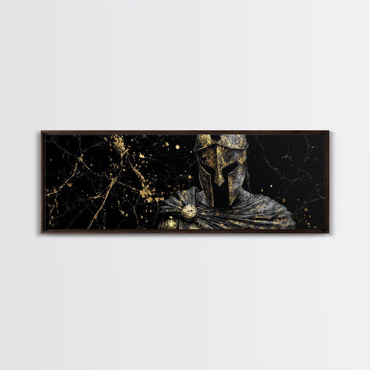 Spartan Warrior Bust Artwork, Ancient Greek Mythological Hero Decorative Symbol, Gold Canvas Print, Real Wood Frame Wall Decor