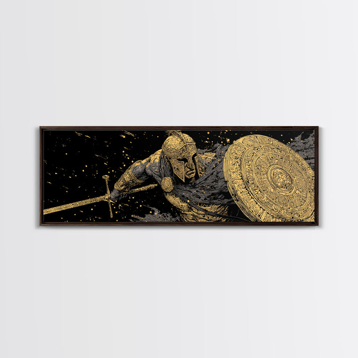 Ornate Spartan Warrior With Shield And Sword, Ancient Battle Scene Artwork, Gold Canvas Print, Real Wood Frame