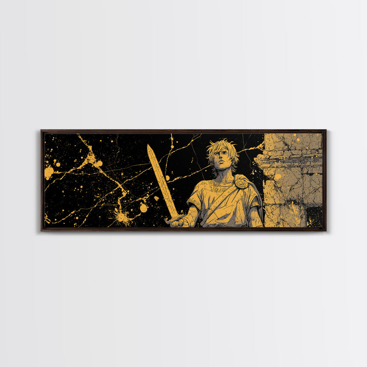 Heroic Young Greek Warrior Standing Tall, Classical Mythology Decorative Wall Art, Gold Canvas Print, Real Wood Frame
