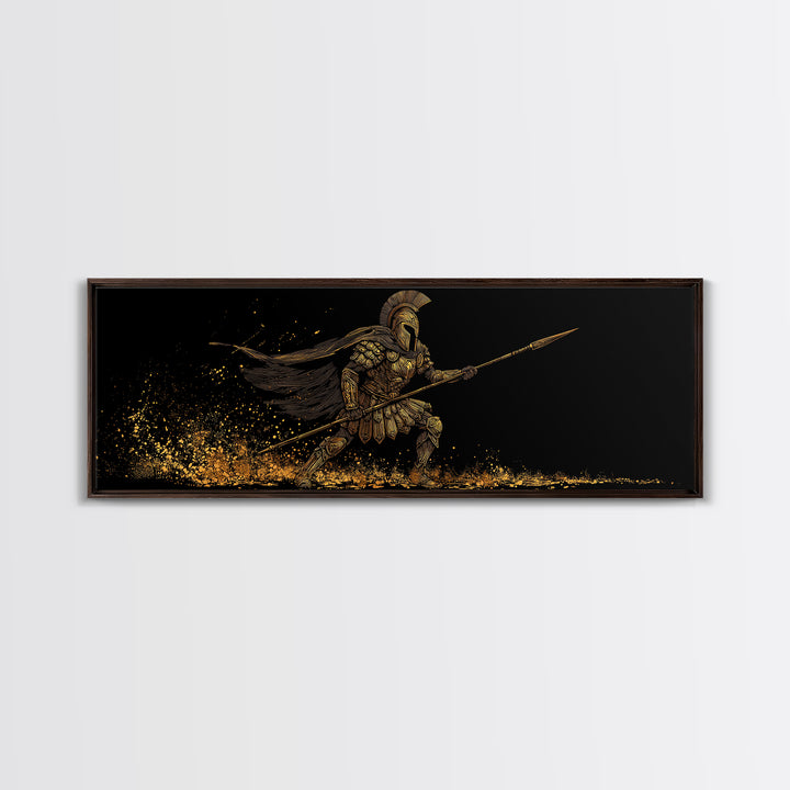 Spartan Warrior With Flowing Cape And Spear, Ancient Greek Mythology Decor, Gold Canvas Print, Real Wood Frame