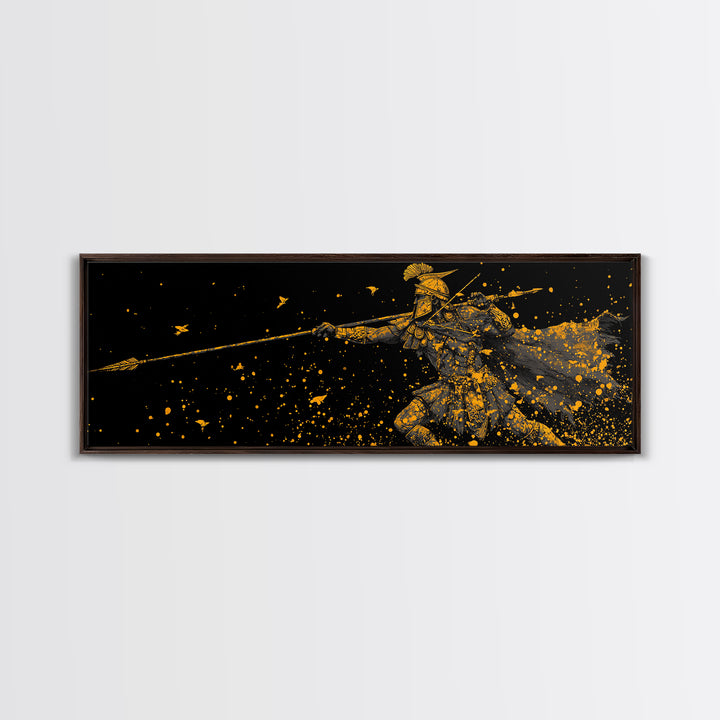 Greek Warrior Throwing Spear In Battle, Ancient Spartan Hero Wall Art, Gold Canvas Print, Real Wood Frame