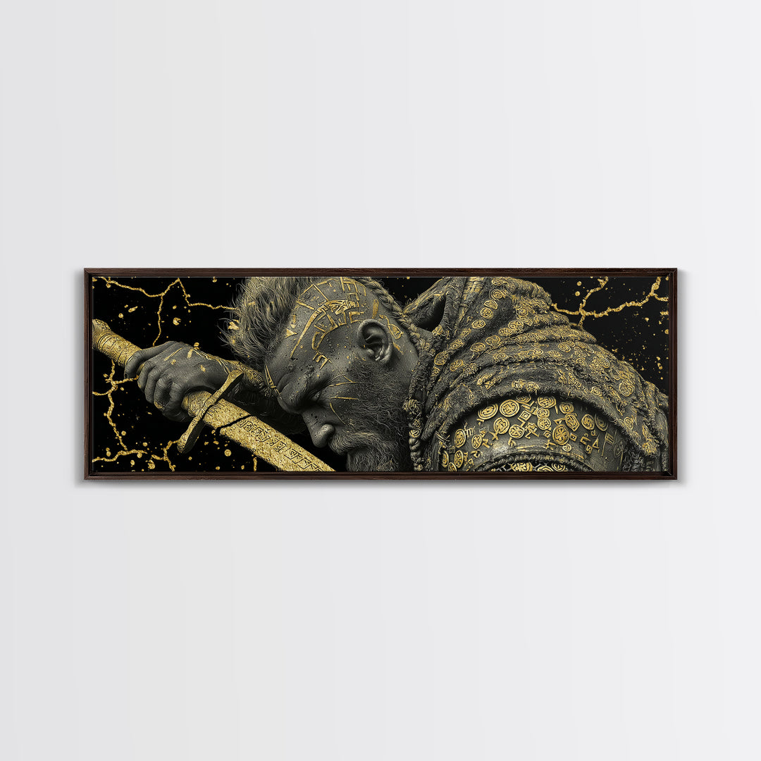 Viking Warrior With Sword And Runes, Mythological Hero Artwork, Gold Canvas Print, Real Wood Frame