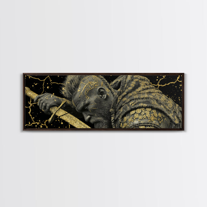 Viking Warrior With Sword And Runes, Mythological Hero Artwork, Gold Canvas Print, Real Wood Frame