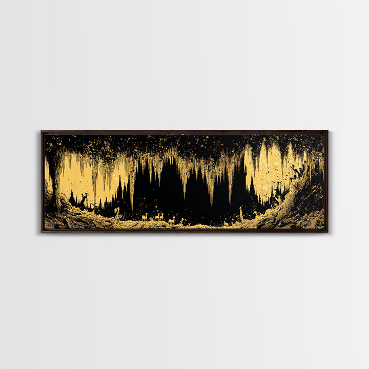 Golden Cave With Stalactites And Figures, Mythological Decorative Wall Art, Gold Canvas Print, Real Wood Frame